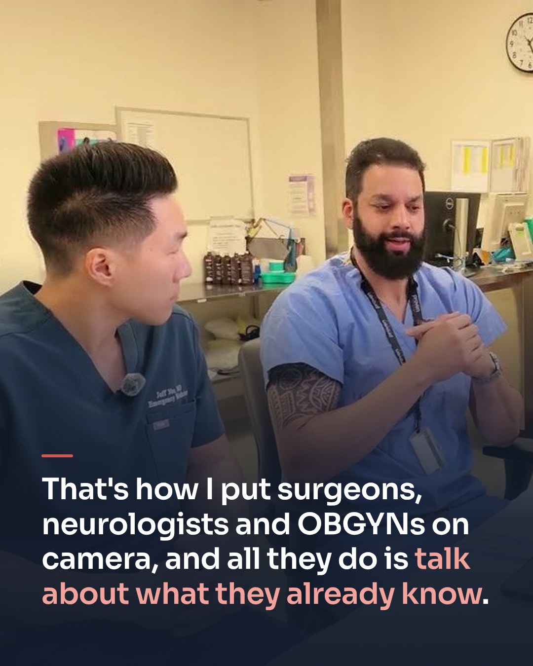 Jeff interviewing a surgeon beside OR equipment: that's how I put surgeons, neurologists and OBGYNs on camera, and all they do is talk about what they already know.
